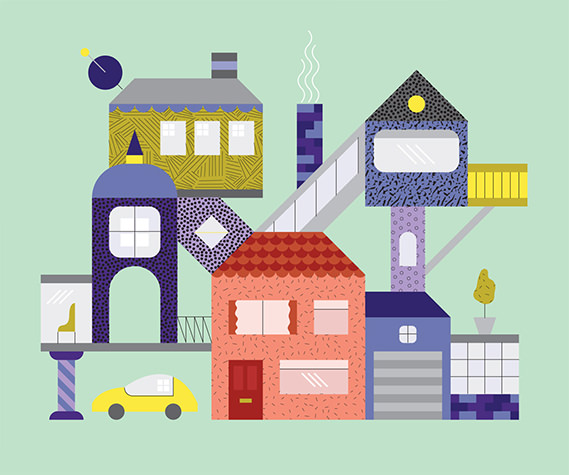 Illustration of colourful houses and a car