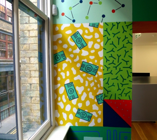 Room with patterned walls and a painted window wall
